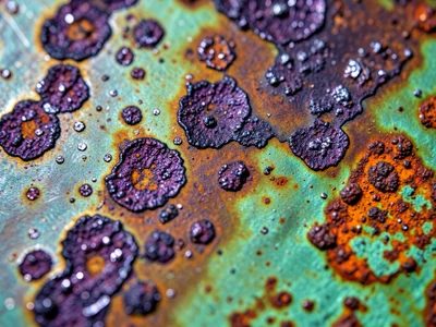 Silver tarnish macro, purple-black silver sulfide developing in uneven patches o