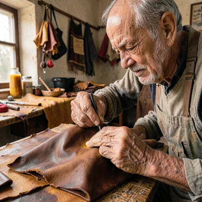 Through the Fes tannery eye, leather and dye craft, An old craftsman stitching a