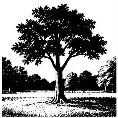 1-bit dithered illustration, tree in park , black and white only, dither pattern