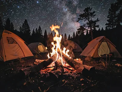 Fire against star field at campsite
