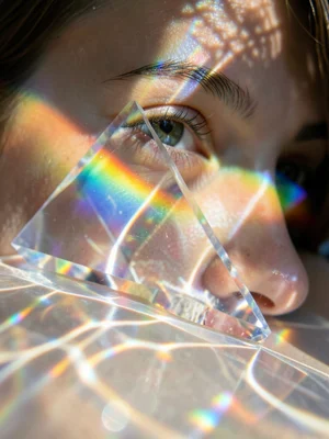 Crystal creating rainbow refraction on person's face, natural light