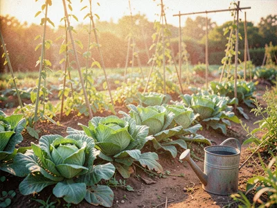 A vegetable garden in early morning with dew on lettuce heads, bean poles in the