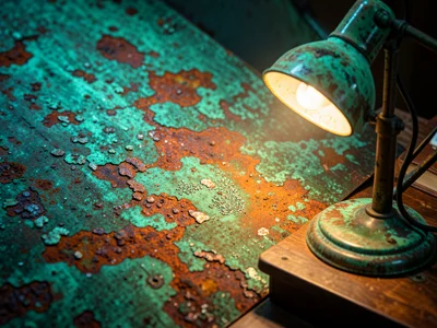 Vintage copper desk lamp with patina, illuminating old school desk