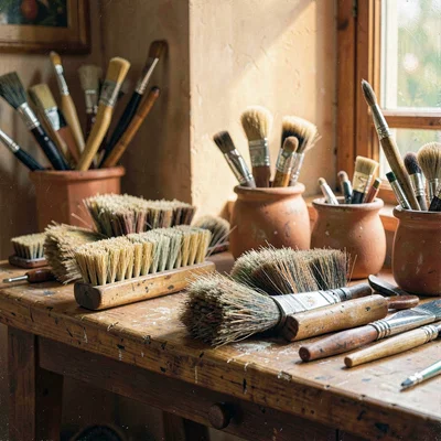 Warm painting of a brush maker's worktable with bristle bundles and ferrules, te