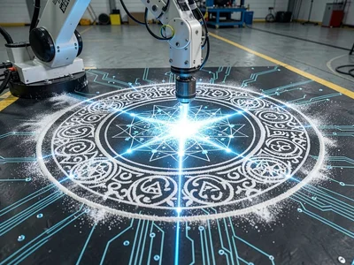 Morning kolam drawn by robot arm with UV-reactive powder on factory floor
