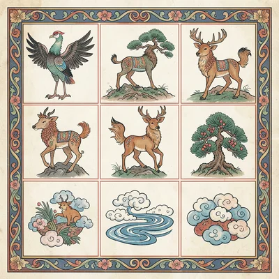 Ten longevity symbols arranged in an ornamental grid — crane, deer, pine, water,