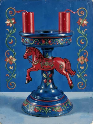 Scandinavian advent candleholder — painted blue wood with red candle cups and vi
