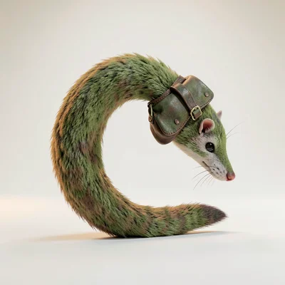 Slender weasel-courier curled neatly into a comma with miniature satchel pillowe