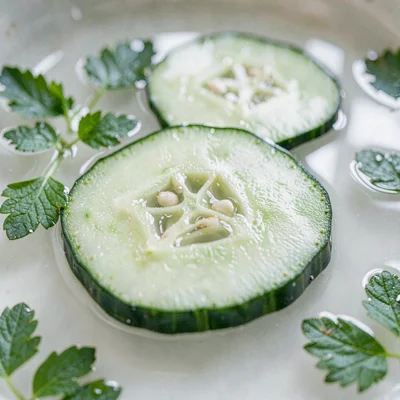 botanical close-up of cucumber slices with herbs floating in water