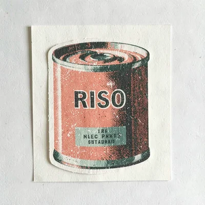 Bram-screenpress style sticker of a halftone can of soup in coral and sage spot