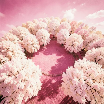 A cul-de-sac seen from above with circular white tree canopies and pink lawns
