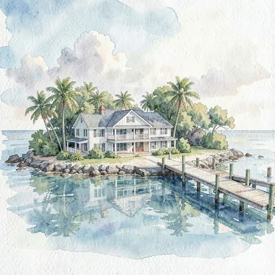 private island home with seaplane dock, atmospheric
