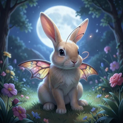Rabbit with moth wings, sitting in moonlit garden, antennae twitching, soft glow