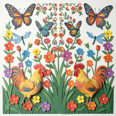 Polish wycinanki paper cut illustration, butterflies and dragonflies among meado