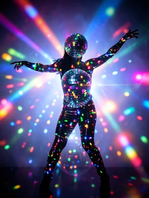 Dancing figure silhouette filled with disco ball reflections and party lights, d