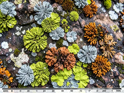 Lichen and moss competing for territory on a damp stone wall, different growth f