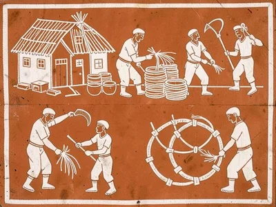 Village harvest — figures cutting grain with curved tools, bundles stacked besid