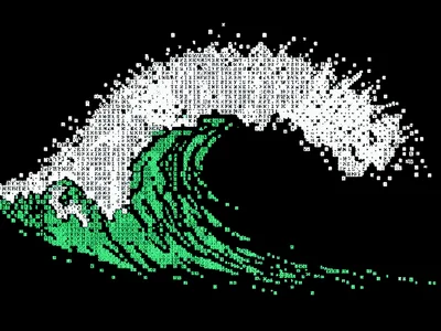 A crashing ocean wave in white characters on black, the foam crest as the denses