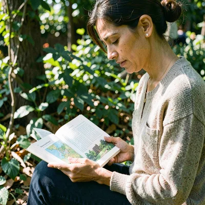 Documentary photography, unposed moment, Person reading book about sustainable l