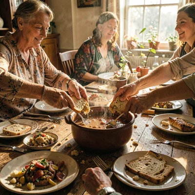 Mid-feast table scene, abundant hospitality, Hands breaking flatbread over a cla