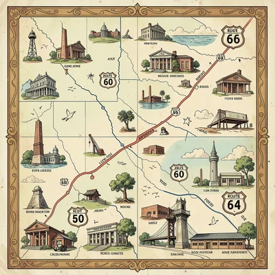 Illustrated map illustration, Route 66 from Chicago to Los Angeles with landmark