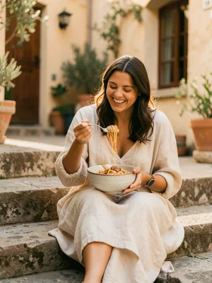 A woman eating pasta from a ceramic bowl while sitting on stone steps in a court