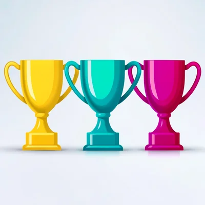 Saturated banner of three abstract trophy shapes lined up in different colours