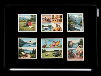 Flatbed scan of collection of vintage summer postcards, high detail