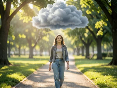 Woman walking through a park in sunshine while a personal rain cloud hovers just