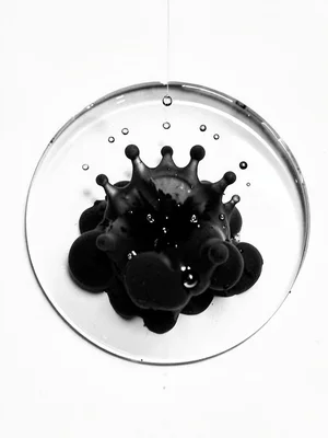 Drop of ink frozen at moment of water contact, crown formation beginning