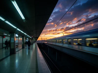 A monorail gliding above a city, the elevated track creating a geometric line ag