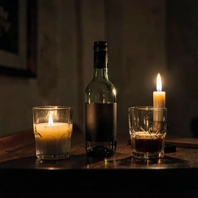 Atmospheric tabletop with an open bottle and two glasses by candlelight, deep sh