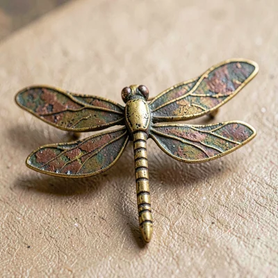 Worn-texture macro of a brass dragonfly brooch with tarnished wings and worn ena