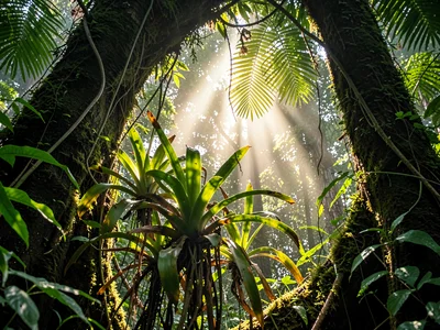 Bromeliads catching light in canopy opening