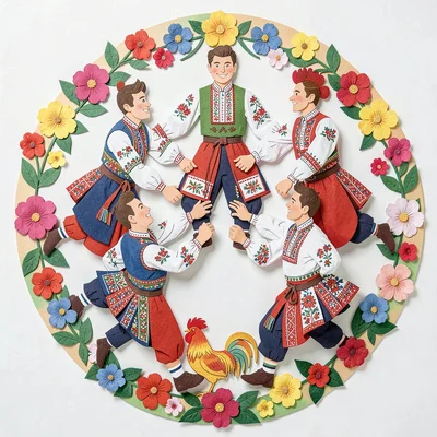 Polish wycinanki paper cut illustration, folk dancers holding hands in a circle 