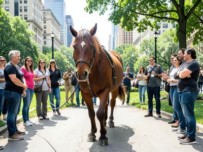 Cat the size of a horse being walked on leash through city park, people staring