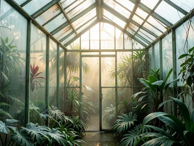 An old glasshouse in winter: frost on the outside, warm fog on the inside, tropi