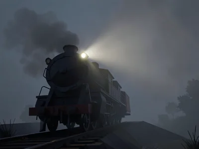 Distant faceted train engine on a raised track with its headlamp punching a pale