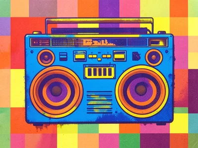 A boombox rendered in flat screen print colors — the speakers as concentric circ