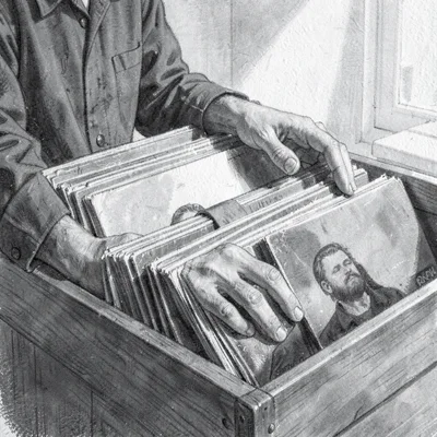 Charcoal portrait of hands flipping through records in a bin, fingertips on the