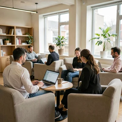 Documentary photograph, Coworking lounge area with people on laptops in comforta