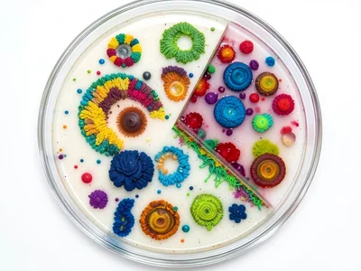 Bacterial biofilm cross-section, layered community visible at cut edge, stratifi