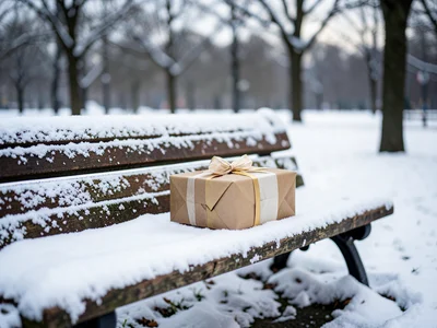 Snow-covered park bench with wrapped gift placed on it, nobody around