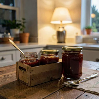 A small wooden caddy of homemade jams on a kitchen table at lamp-light evening, 