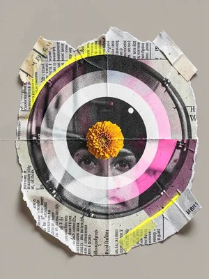 Collage portrait poster of a halftone bass drum face with torn paper concentric 