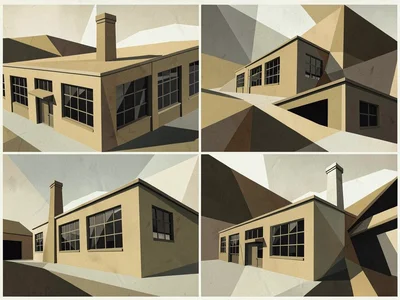 Factory exterior — windows, walls, chimney each from a different angle in the sa