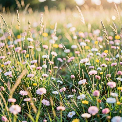 Spring meadow at golden hour with wild grasses and pastel wildflowers, soft blur