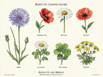 A wildflower field guide plate showing six meadow species: cornflower, poppy, da