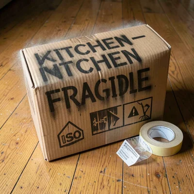 A cardboard moving box with handwritten KITCHEN — FRAGILE in marker, a roll of p