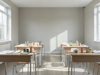 Empty classroom arranged for new year, fresh supplies on each desk, morning sun